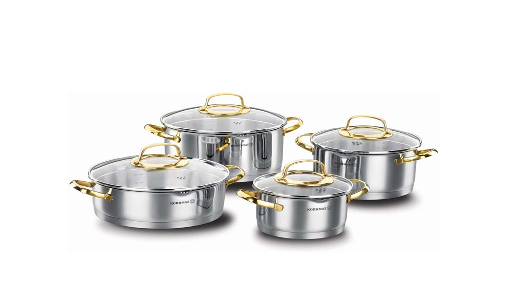 Korkmaz A1046 Goldia 8 Pcs Cookware Set, Stainless Steel, Nonstick Cookware Set