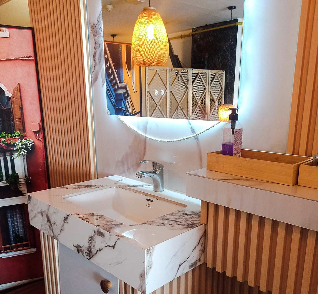 Wall-To-Wall Custom Vanity With Multiple Storage Options